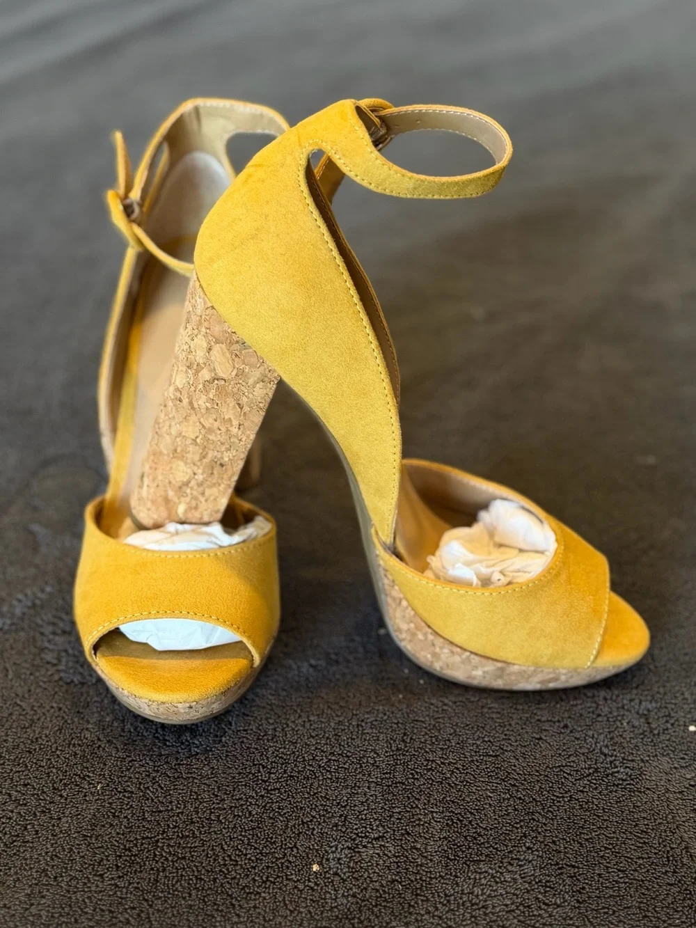 Sun + Stone Yellow Suede Cork Platform Heels - Picture 1 of 6